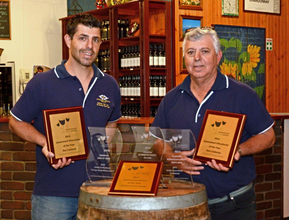 BIG WIN: Ray and Sam Castanzo show off their haul of awards from the 2014 Queensland Wine Awards Photo Contributed